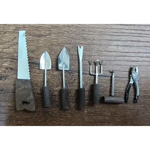 Dollhouse Miniatures Lot of 7 Tiny Garden Shed  Tools Metal Saw Shovel Pliers D6